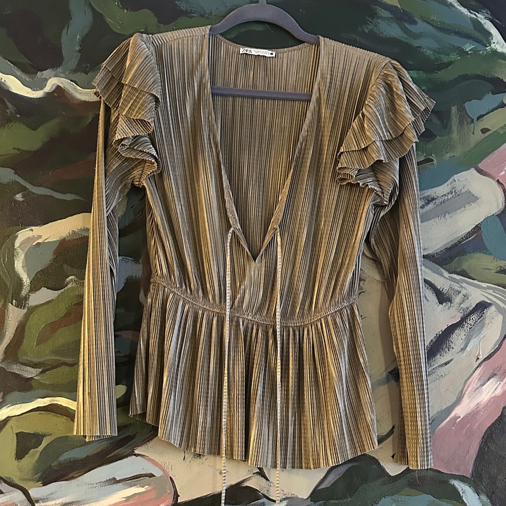 Zara Gold Ruffled V-Neck Blouse